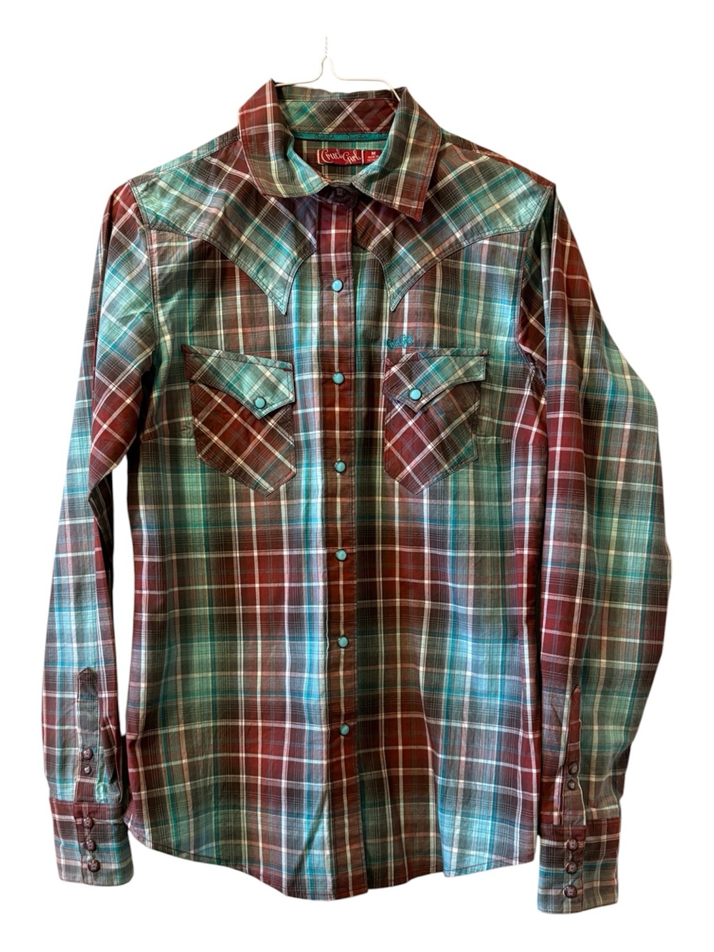 Women’s Vintage Cruel Girl Maroon & Teal Plaid Western Shirt size M